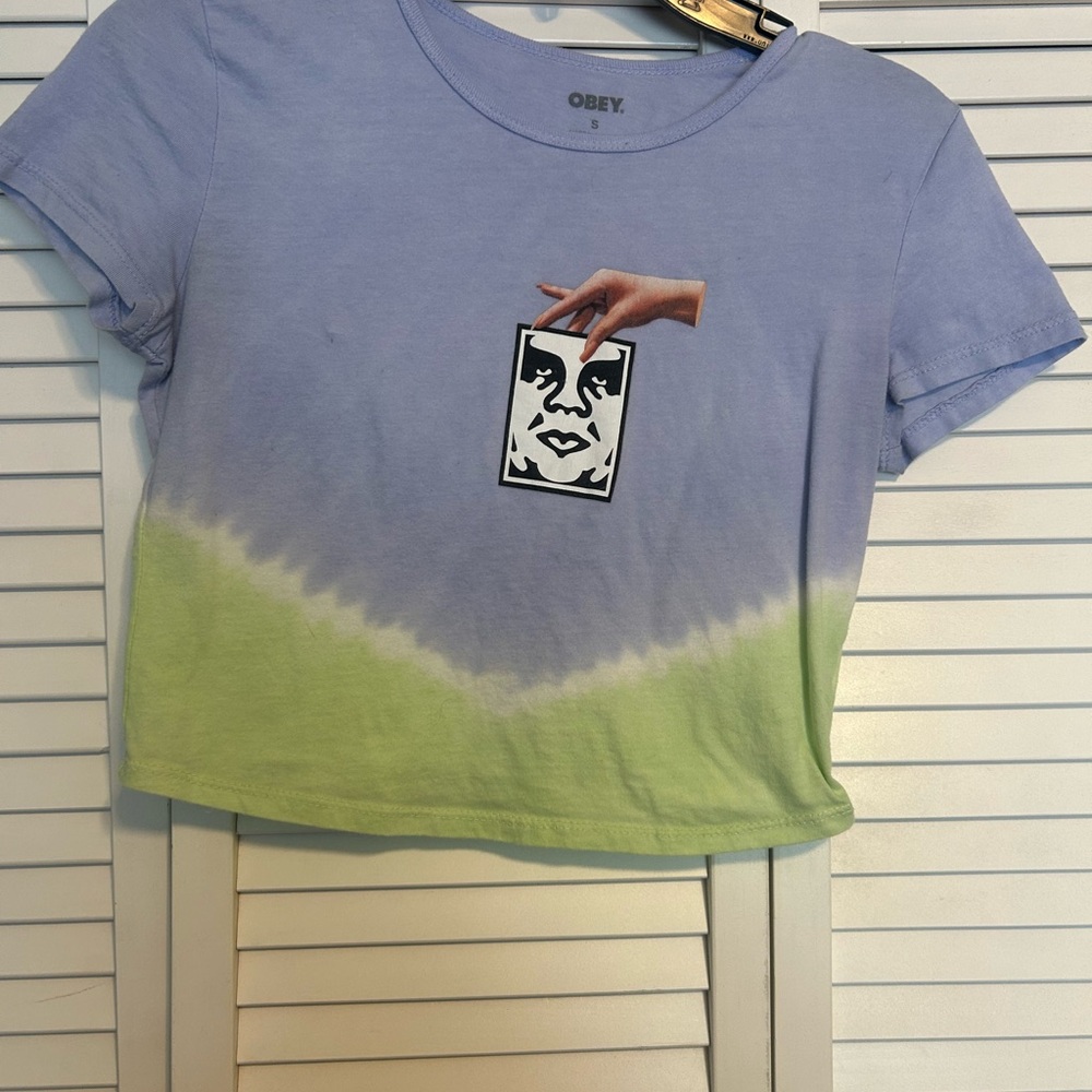 Obey Blue and Gray Short Sleeve Crop Tee